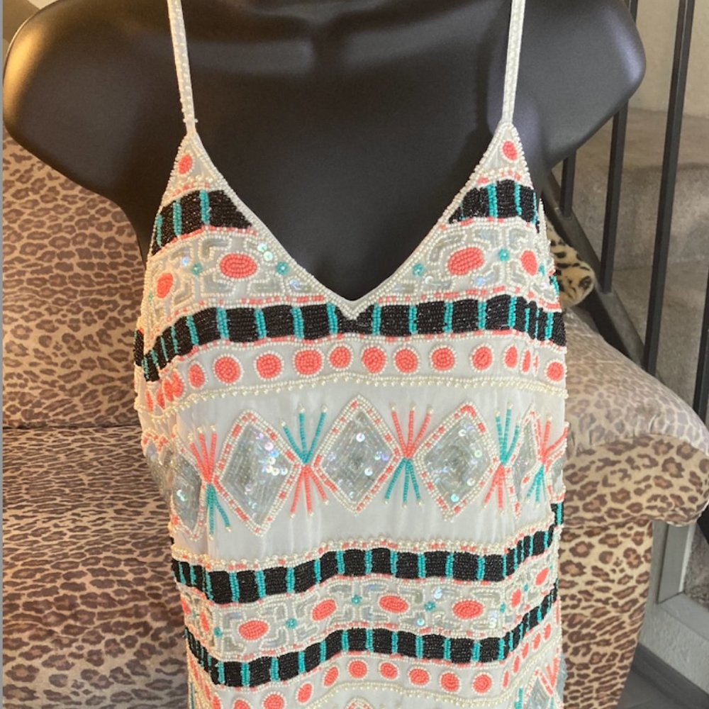 RAGA White Beaded Midi Dress with Coral & Teal Embroidery